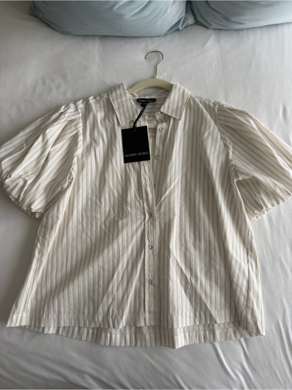 Modern Works Striped Button Down in White & Brown Medium NWT